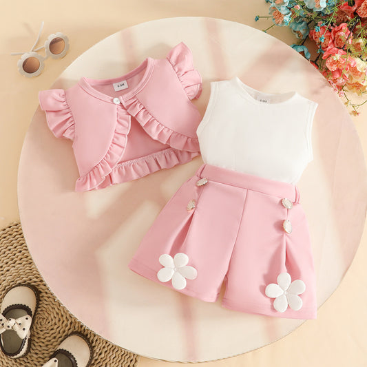 Sweet and fashionable summer outfit for girls aged 0-3 years: solid color ruffled sleeveless short jacket tank top + floral shorts set