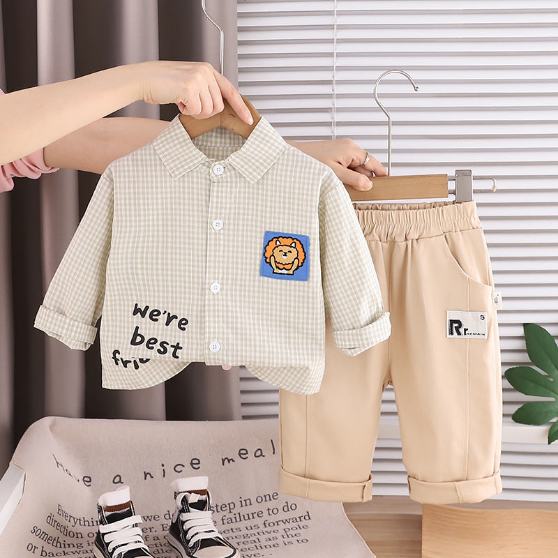 Boys' Spring Outfit: Small Checkered Shirt 2026 New Fashionable Baby Spring/Autumn Two-Piece Set for Children 1-4 Years Old