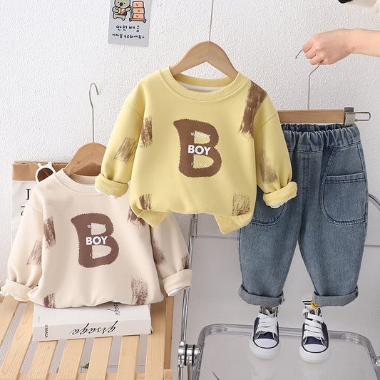 Boys' Outfit 2024 New Stylish Children's Clothing Spring and Autumn One-Year-Old Baby Letter Round Neck Two-Piece Set