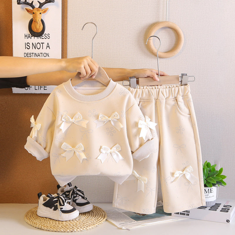 Outfit Set 2026 New Cartoon Style with Many Bows Sweatshirt Spring and Autumn Girls' Clothing Wholesale