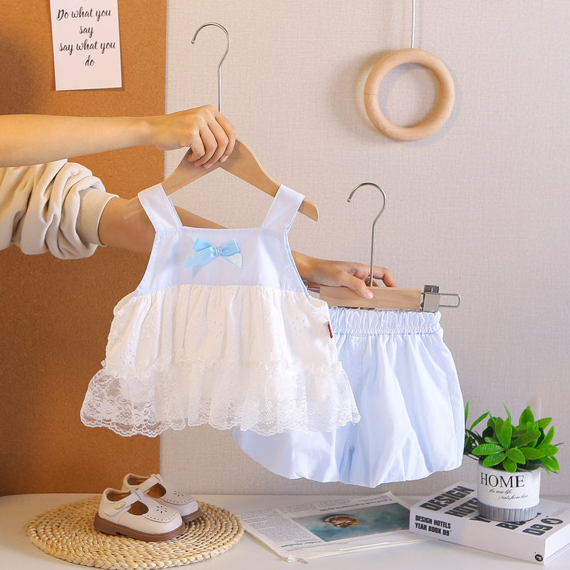 Girls' Sleeveless Square Neck Lace Dress Set 2026 New Style Baby Girl Clothes Children's Summer Two-Piece Outfit
