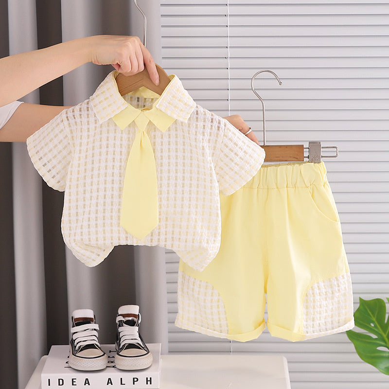 Boys' Outfit 2026 New Fashionable Children's Small Checkered Short-Sleeve Baby Summer Korean Style Two-Piece Set Trendy