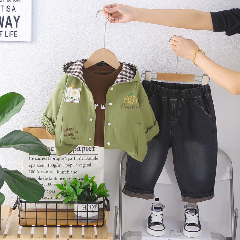 Boys' Outfit 2026 New Fashionable Children's Spring and Autumn Stylish Casual Plaid Hooded Three-Piece Set