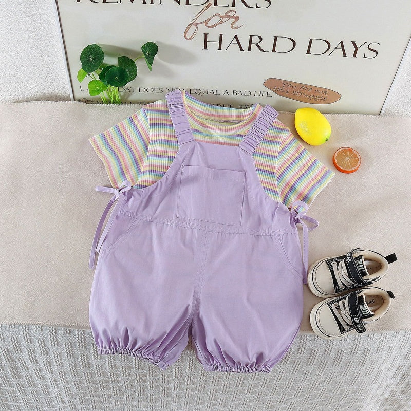 Girls' Outfit 2026 New Children's Short-Sleeve Rainbow Striped Pom-Pom Overalls Two-Piece Set for Baby Summer
