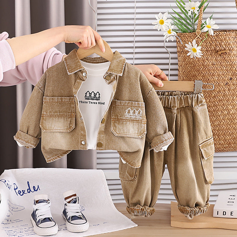 Boys' Outfit 2025 New Style 4: Stylish Children's Little Tree Denim Three-Piece Set Spring and Autumn, Trendy for 1-Year-Old Babies