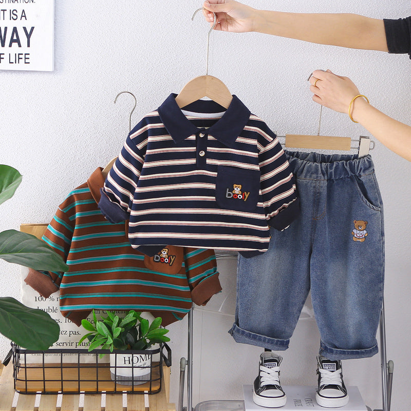 Boys' Outfit 2026 New Fashionable Baby Clothing, Spring and Autumn Striped Pocket Bear Button-Up Shirt Two-Piece Set