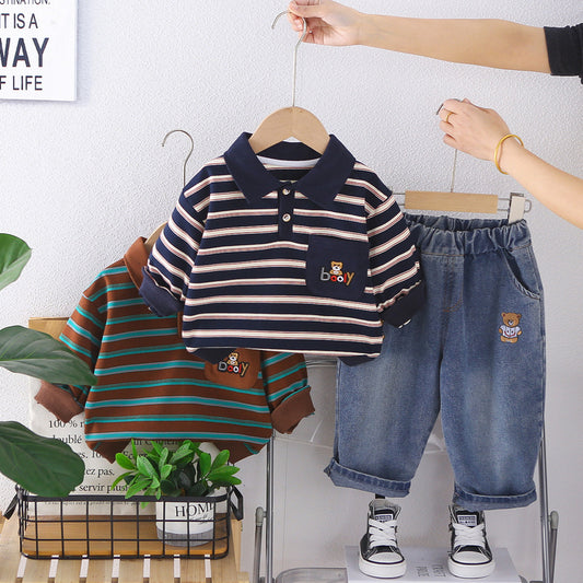 Boys' Outfit 2026 New Fashionable Baby Clothing, Spring and Autumn Striped Pocket Bear Button-Up Shirt Two-Piece Set