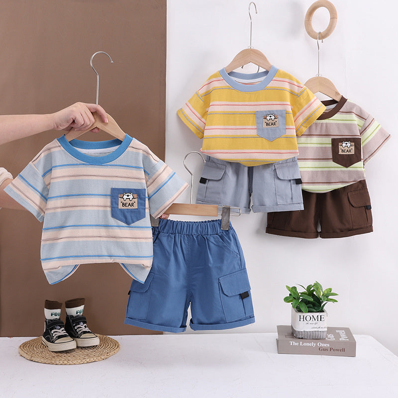 Children's clothing boys' outfit 2026 new style children's summer pocket striped short-sleeve two-piece set baby clothes