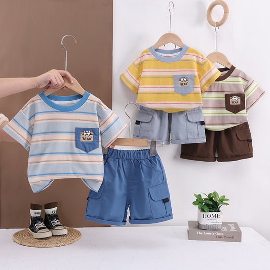 Children's clothing boys' outfit 2026 new style children's summer pocket striped short-sleeve two-piece set baby clothes