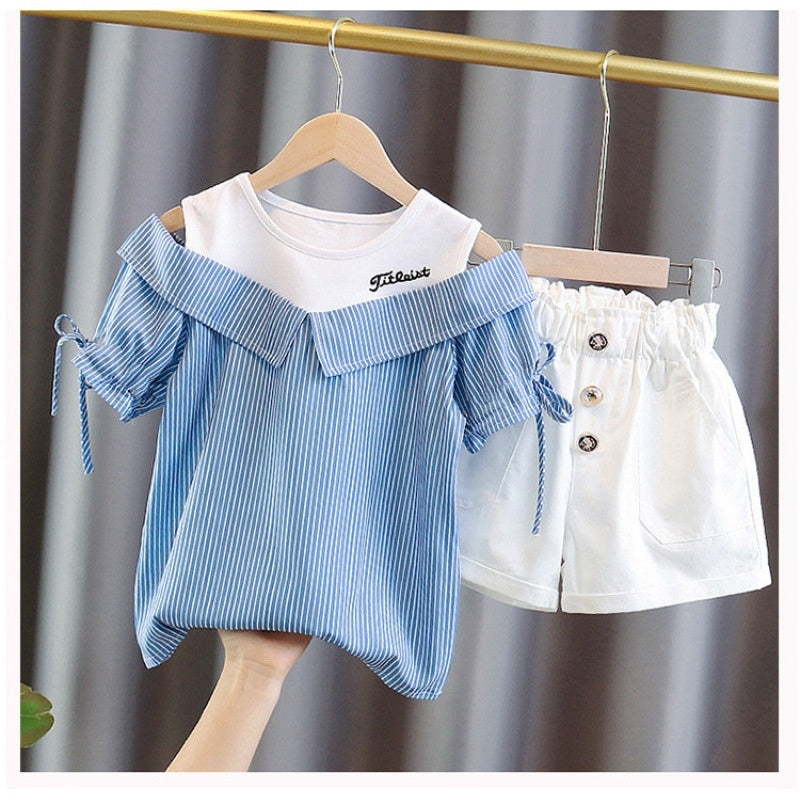 Summer Girls' Outfit 2023 New Korean Style for Older Children, Two-Piece Set with Off-Shoulder Top Shorts, Stylish and Trendy