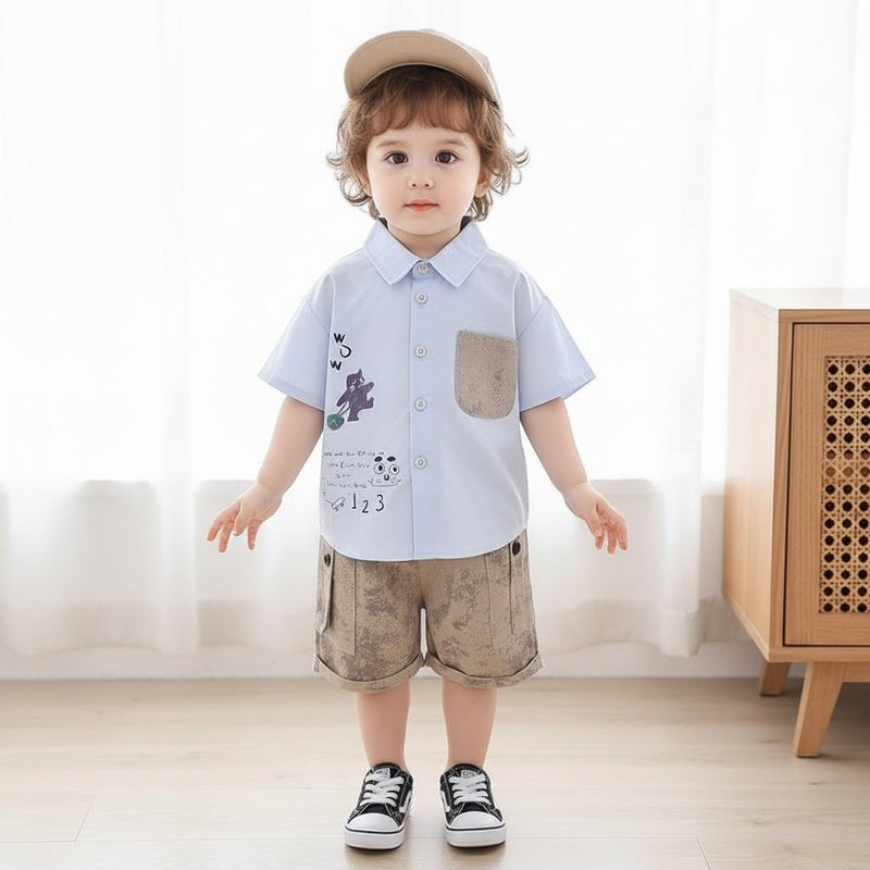 Stylish baby boy outfit for 1-5 year olds, summer two-piece set with a cute cat print short-sleeve shirt and collar
