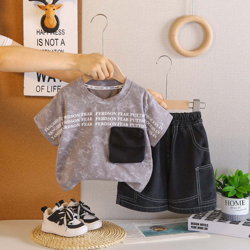 Boys' Outfit 2026 New Style Pocket Short Sleeve Fashionable Toddler Summer Clothes Round Neck Thin Two-Piece Set Trendy