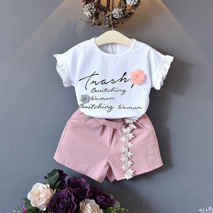 2024 New Summer Children's Clothing Set: Short-Sleeve Floral Letter T-Shirt + Shorts Two-Piece Casual Outfit for Girls