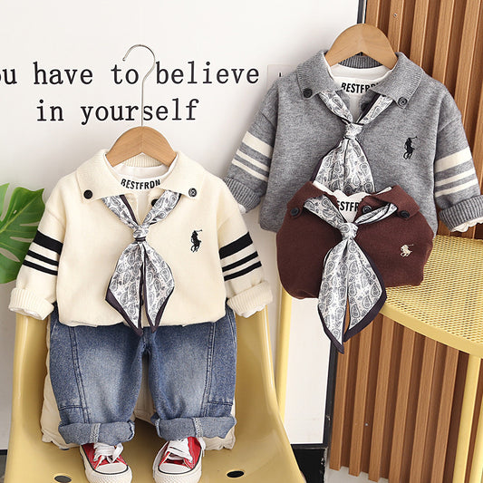 Baby boy outfit stylish clothing spring and autumn handsome infant children's wear silk scarf cardigan sweater three-piece set