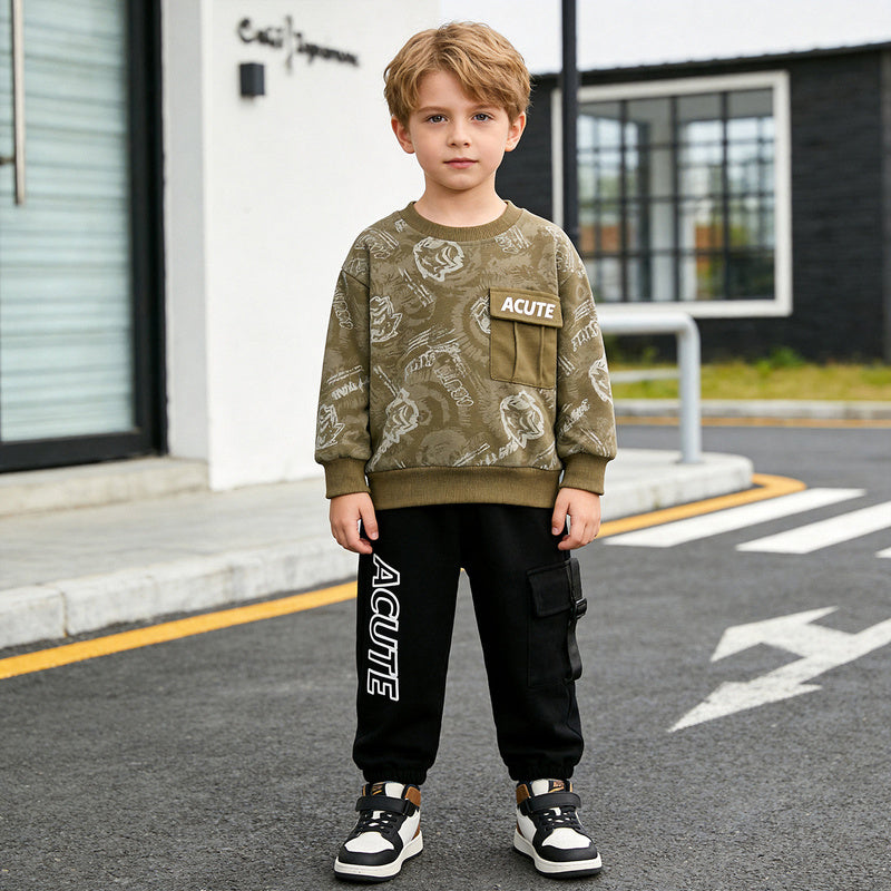 Boys' Outfit Spring and Autumn 2026 New Fashionable Children's Set, Toddler Baby Full-Print Long-Sleeve Sweatshirt Two-Piece Set Trendy