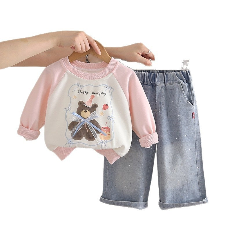 Girls' 2026 New Fashionable Spring and Autumn Outfit for Baby Girls, Trendy Children's Cake Bear Two-Piece Set