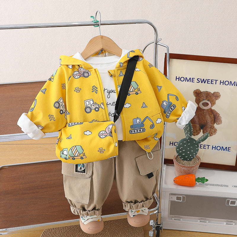 Boys' Spring and Autumn Outfit 2026 New Style Baby Boy Fashionable Cartoon Bag Long Sleeve Three-Piece Set Infant Children's Jacket
