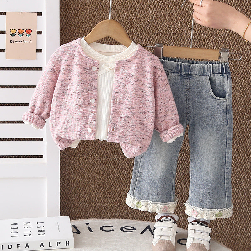 Girls' Stylish Outfit 2026 New Baby Spring and Autumn Colorful Yarn Sweater Long Sleeve Three-Piece Set Children's Casual Trendy Clothing