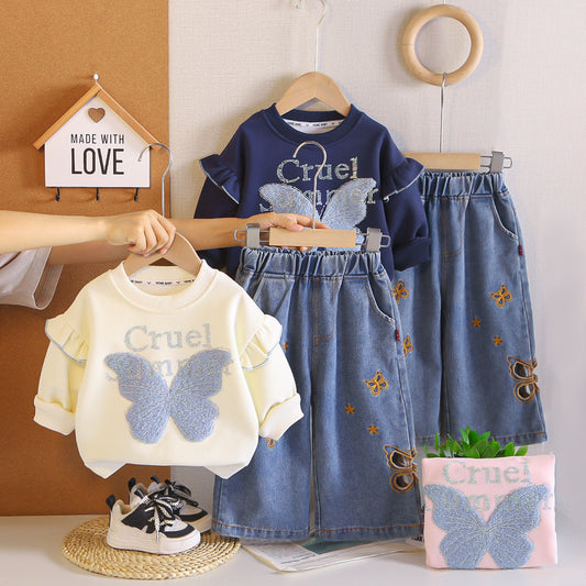 2026 Spring and New Korean Style Outfit Girls, Autumn Hollow Butterfly Jeans, Stylish Two-Piece Set for Babies