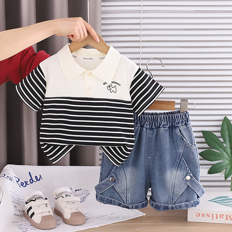 Boys' Outfit 2026 New Fashionable Set for 1-3 Year Olds, Children's Summer Clothes with Patchwork Short Sleeves