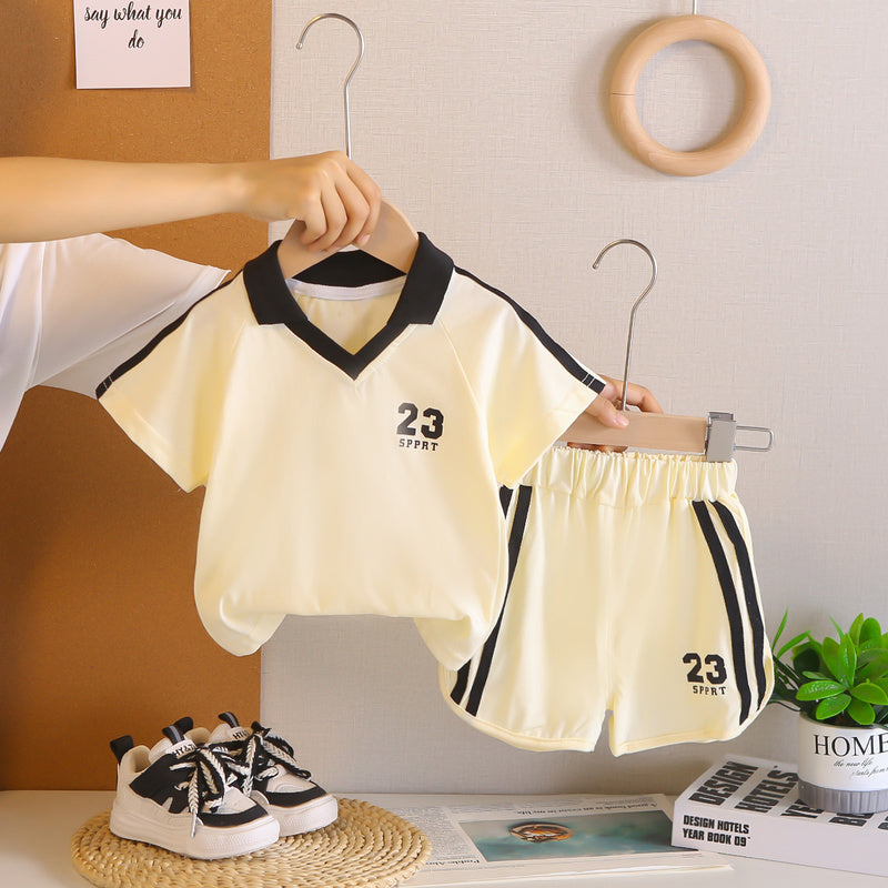 Boys' Summer Outfit 2026 New Korean Baby Suit with Turn-down Collar, College Style Short Sleeve, Stylish Casual Two-piece Set for Young Boys