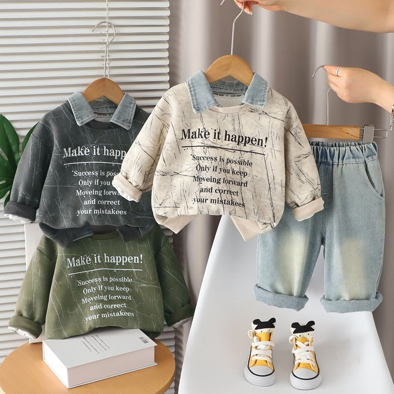 Boys' Suit 2025 New Fashionable Baby Spring and Autumn Korean Style Round Neck Sweatshirt Two-Piece Set