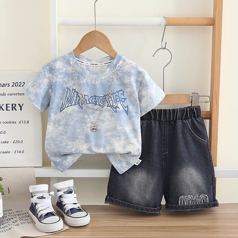 Boys' Outfit 2026 New Style Children's Summer Tie-Dye Necklace Short Sleeve Stylish Two-Piece Set Trendy Kids' Clothing
