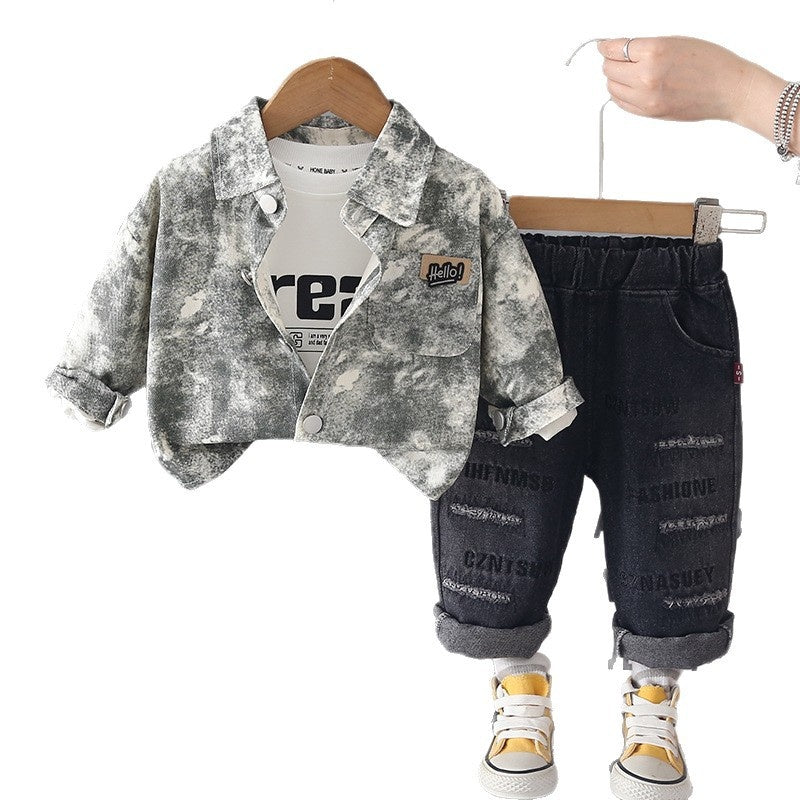 Spring and Outfit 2026 New Style Boys' Autumn Clothes Children's Korean Version Full-Print Round Pocket Three-Piece Set Trendy Wholesale