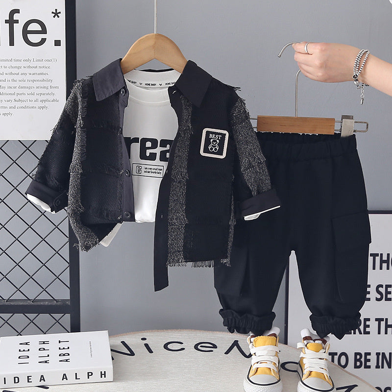 Boys' Spring Outfit 2026 Spring-Autumn New Korean Style Children's Stylish and Cool Plaid Furry Three-Piece Set for Young Boys
