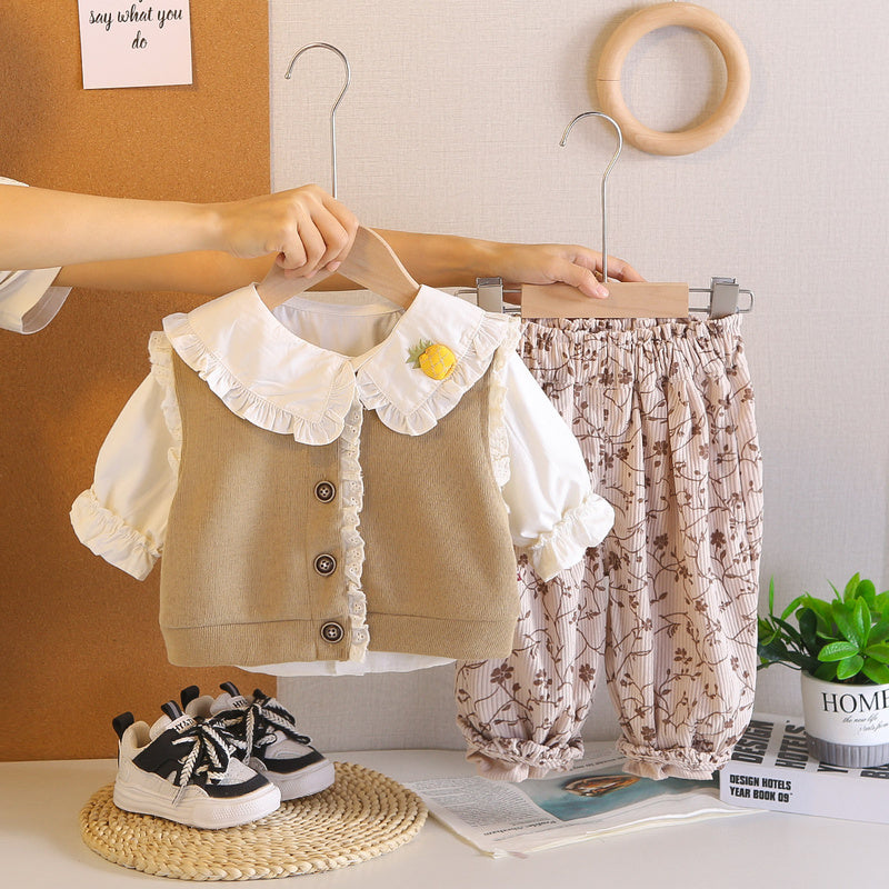Girls' stylish and autumn lace vest three-piece set, 2026 new Korean style outfit girls, spring fashion for toddlers
