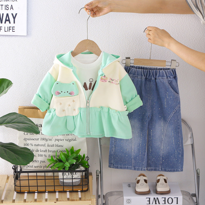 Girls' Spring and Autumn Fashionable Outfit, Children's Clothing 2026 New Cute Long-Tailed Bear Three-Piece Set, Trendy Baby Girl Wholesale