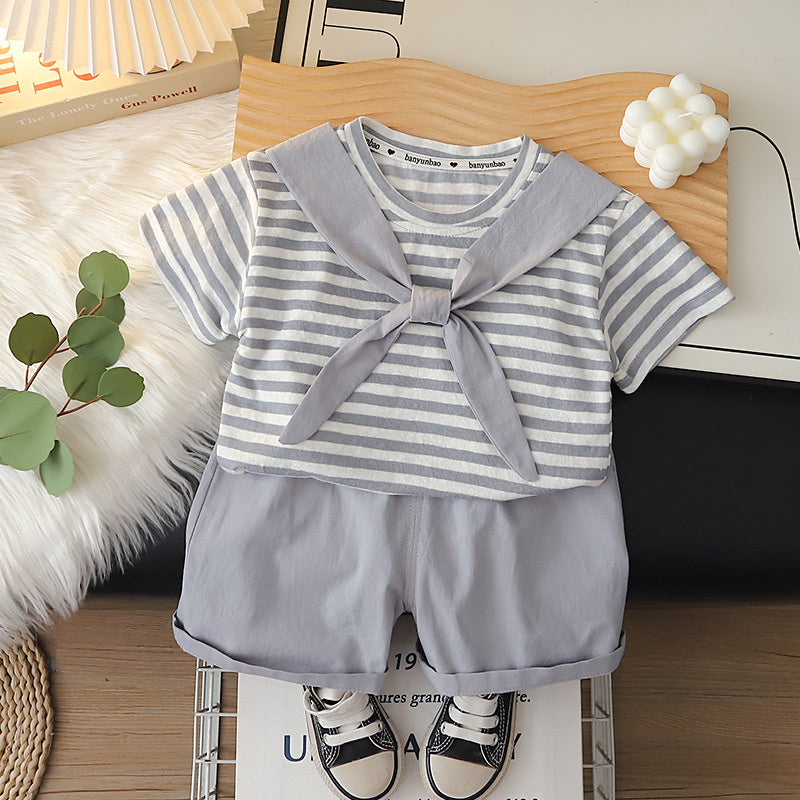 Boys' Outfit 2026 New Fashionable Toddler Summer Round Neck Striped Shawl Short Sleeve Thin Clothing