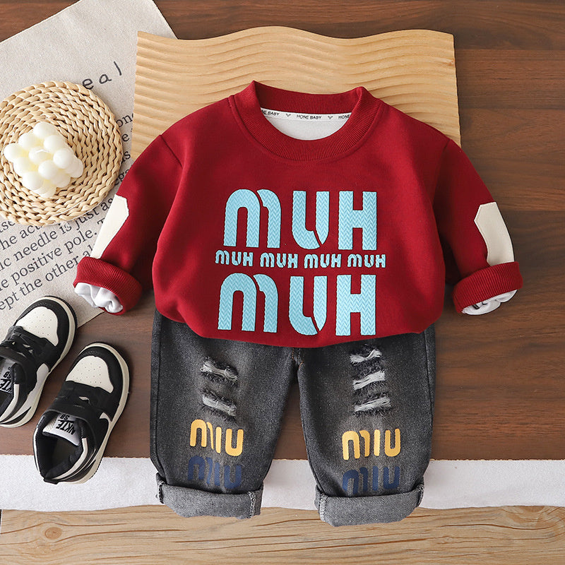 Boys' clothing stylish large letter sweatshirt set toddlers, fashionable cute clothes for babies children in spring and autumn