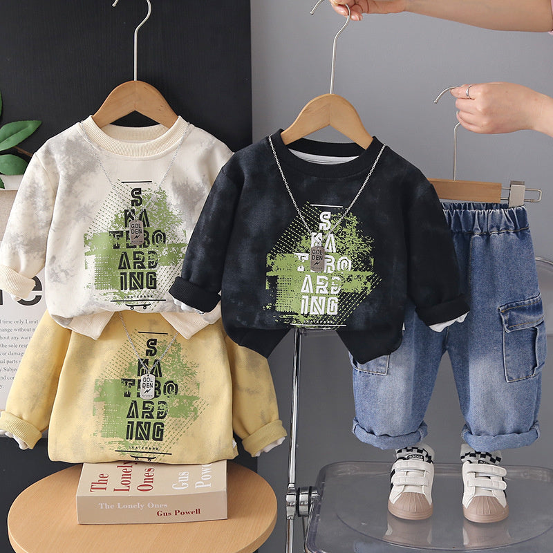 Boys' Spring and Autumn Outfit 2026 New Fashionable Casual Wear for Babies, Children's Letter Sweatshirt Two-Piece Set Trendy