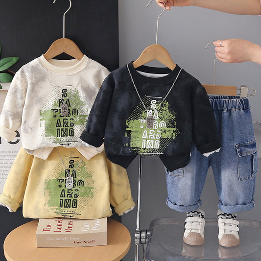 Boys' Spring and Autumn Outfit 2026 New Fashionable Casual Wear for Babies, Children's Letter Sweatshirt Two-Piece Set Trendy