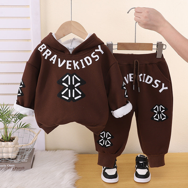 Boys' Suit 2026 New Fleece-Lined Stylish Clothes for Children and Infants, Trendy Letter-Printed Sweatshirt Two-Piece Set