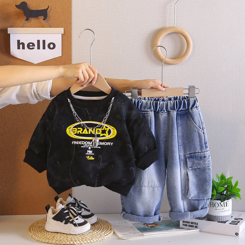 Boys' outfit, infant autumn two-piece set, children's new stylish letter-print clothing for spring and autumn, trendy wholesale