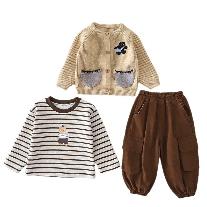 Baby boy outfit for 1-3 year olds, stylish children's spring and autumn two-pocket cat three-piece set