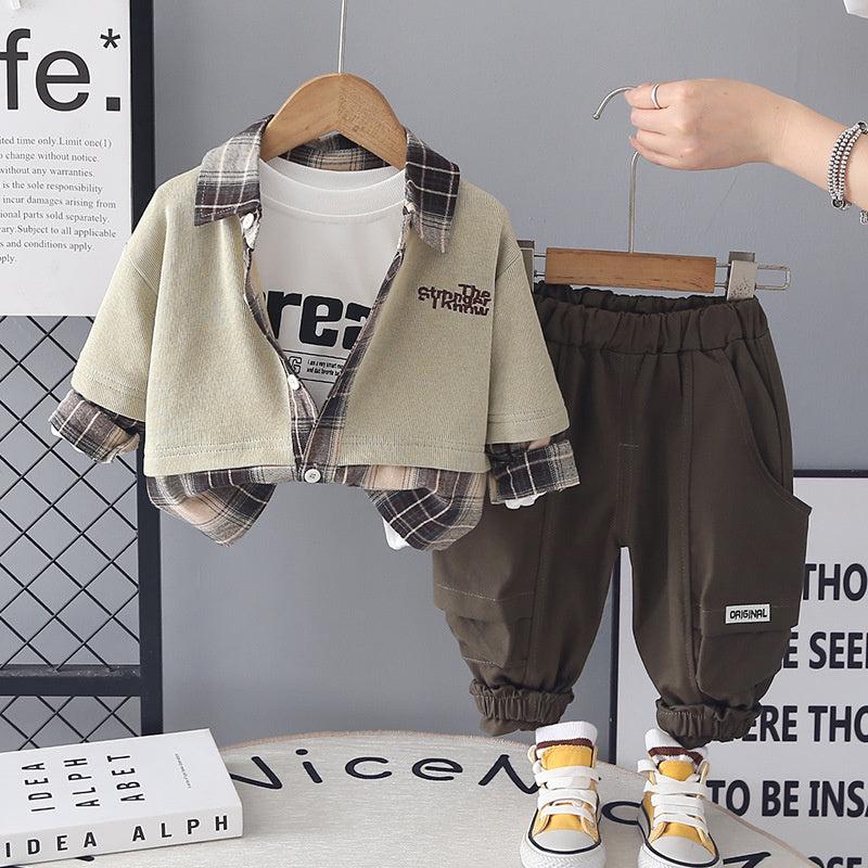 Children's Clothing Boys' Spring Outfit 2026 New Fashionable Baby Plaid Color-Block Three-Piece Set Korean Style Clothes for Infants and Children