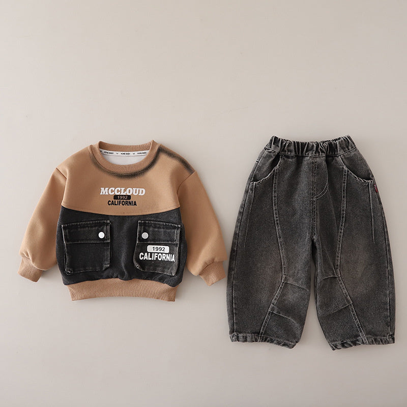 Outfit 2026 New Children's Denim Patchwork Sweatshirt Boys' Spring and Autumn Sports Casual Two-Piece Set