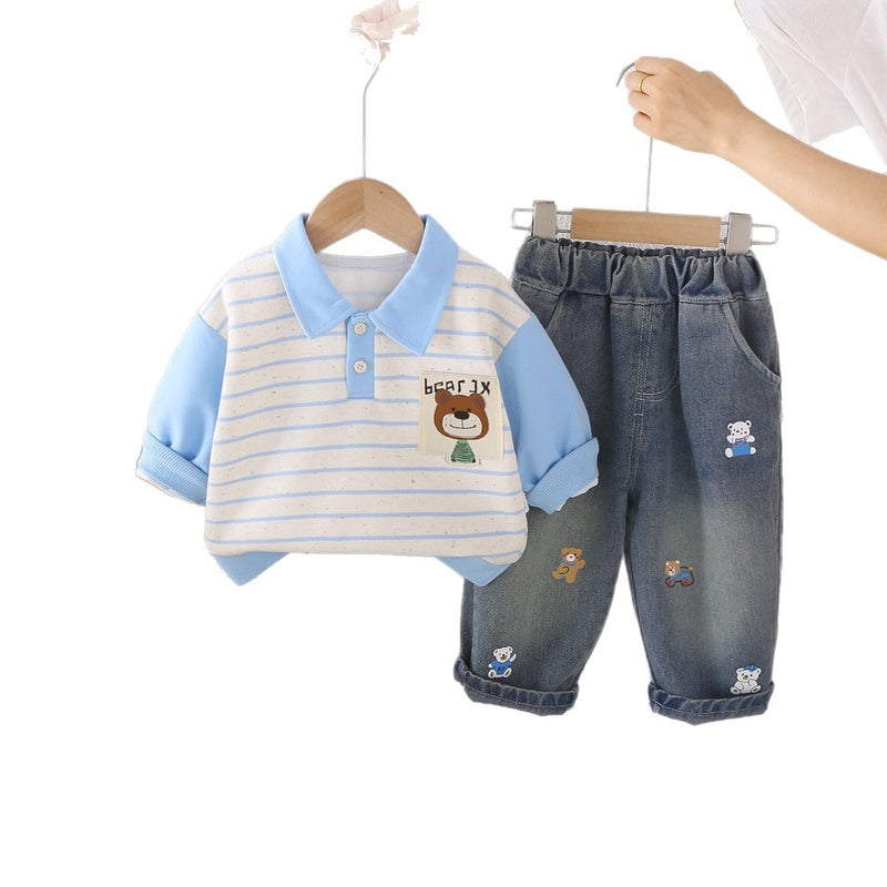 Korean-style baby autumn outfit 2026 new model boys' striped bear sweatshirt infant children's clothing two-piece set