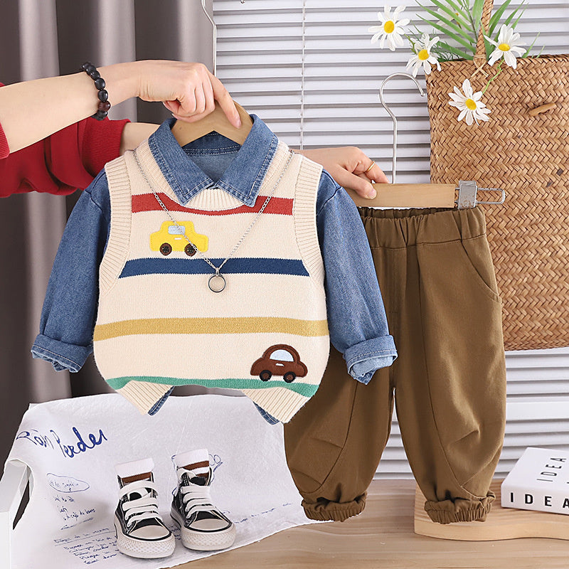 Boys' outfit set, stylish baby boy spring and autumn fashion infant clothing, striped car sweater three-piece set