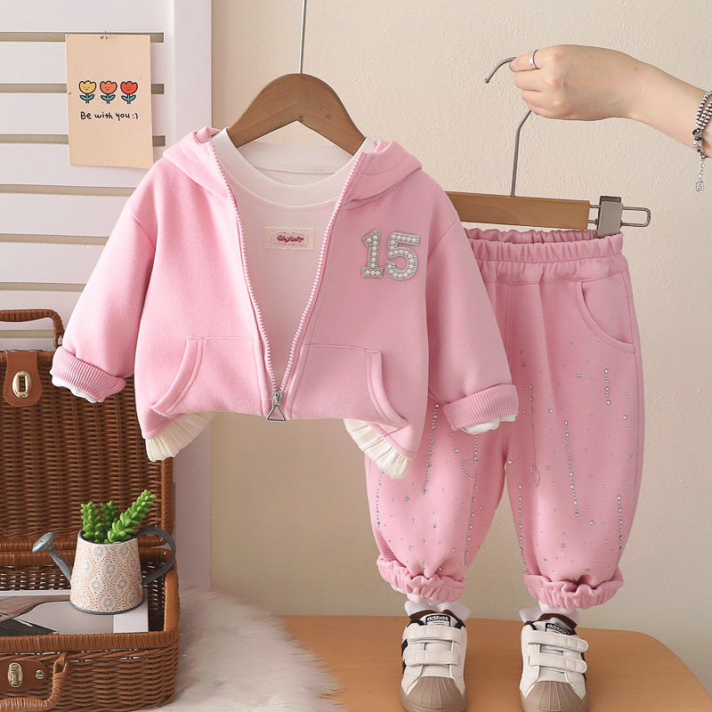 Girls' three-piece hooded suit, autumn 2026 new stylish jacket and pants, clothing for one-year-old baby girls, children's wear