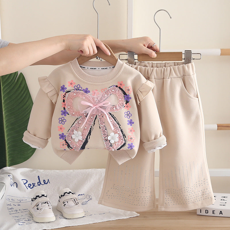 Girls' Outfit 2026 New Fashionable Baby Girl Clothes with Big Bow, Spring and Autumn Sweatshirt Two-Piece Set Trendy