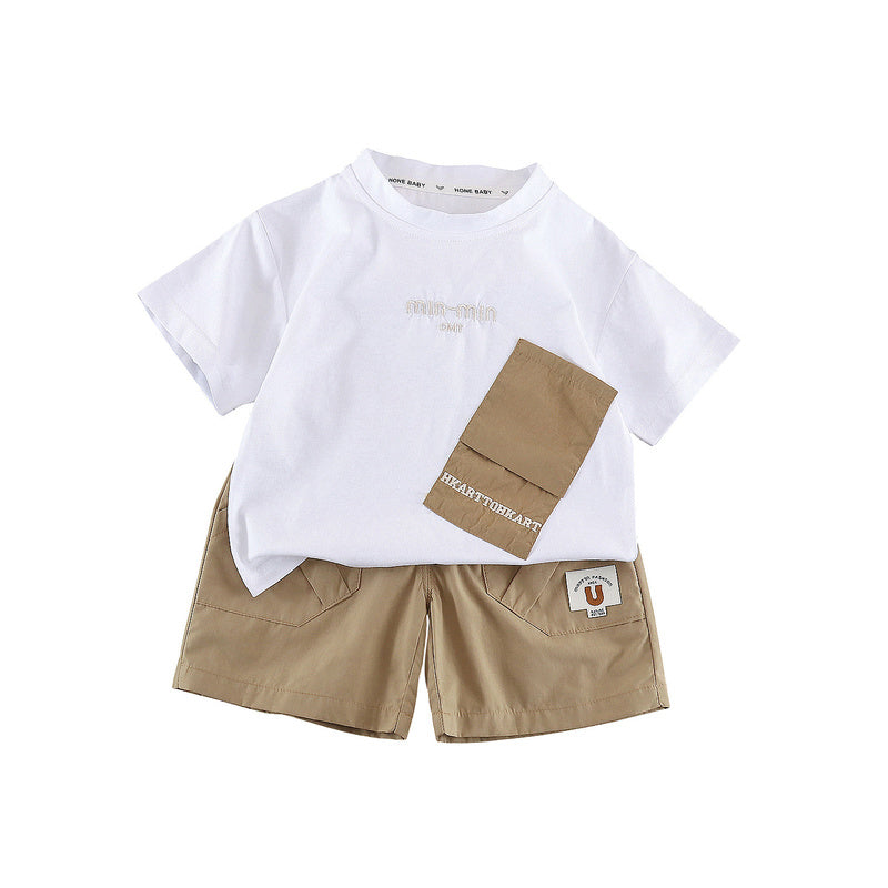 Boys' Summer Outfit 2026 New Fashionable Baby Toddler Casual Pocket Letter Print Short Sleeve Two-Piece Set Trendy