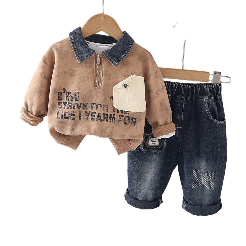 Boys' Fashionable Color-Block Pocket Sweatshirt Set, Baby Spring 2026 New Trendy Toddler Sports Casual Wear