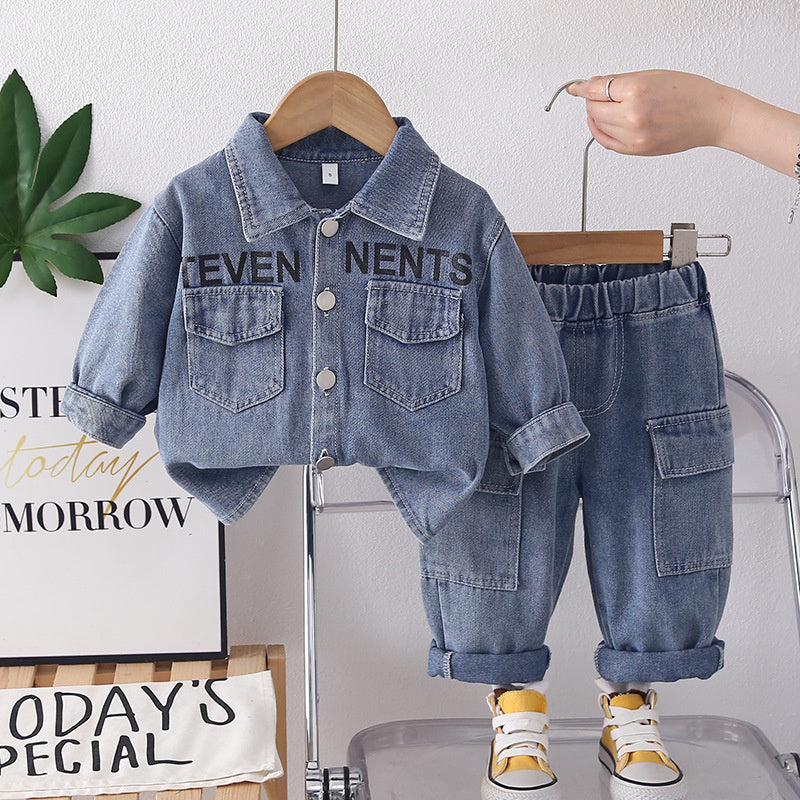 Boys' Suit for Spring and 2026 New Style Baby Autumn Outfit Korean Version Casual Stylish Turn-down Collar Denim Two-piece Set Wholesale