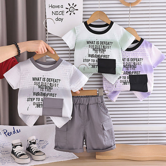 Baby boy short-sleeve two-piece set 2026 new children's summer clothing thin gradient wide stripe pocket suit for boys