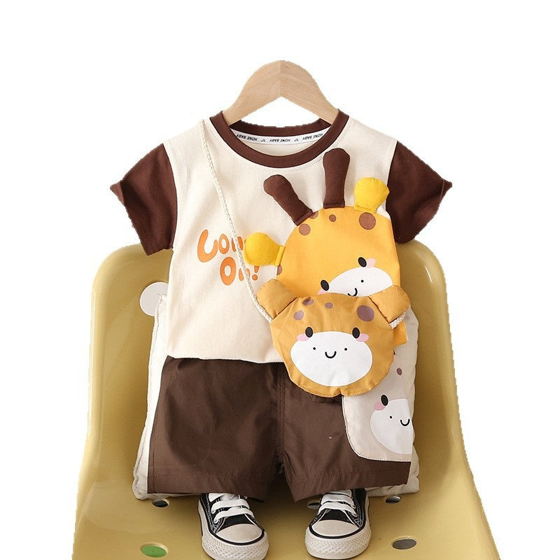 Children's Outfit Set 2026 New Style Boys' Cartoon Bag Short Sleeve Shorts Two-Piece Baby Clothes Summer Trendy