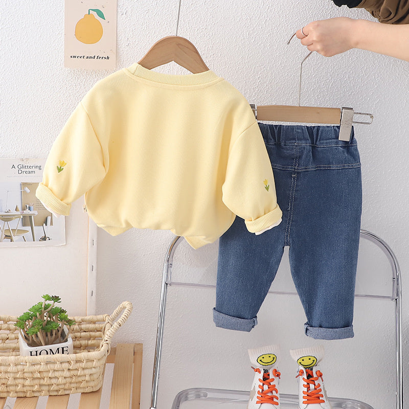 Girls' Outfit 2024 Spring and Autumn New Korean Style Fashionable Toddler Floral Round Neck Long Sleeve Two-Piece Set